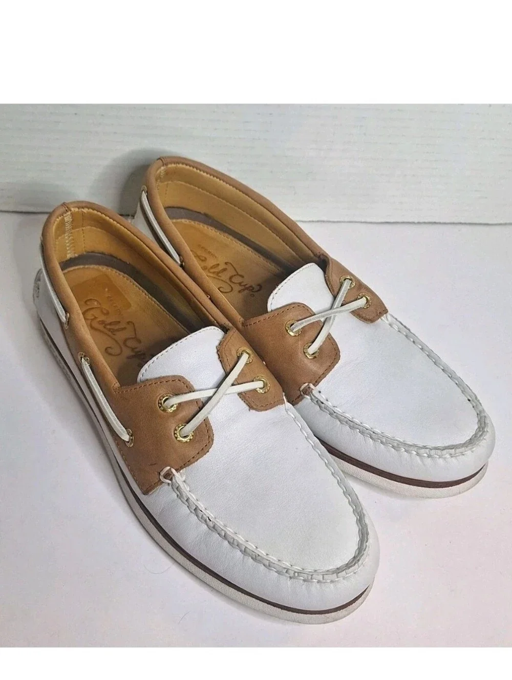 Sperry Authentic Gold Cup 2 EYE Boat Shoes Ivory Leather Lambskin Lining Mens 9